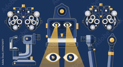 Medical Instruments for Eye Examination Illustrated in a Minimalist, Clean Style
