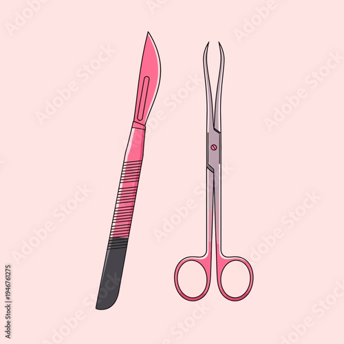 Medical Instruments Illustration: Surgical Scalpel and Forceps Depicted on a Soft Pink Backdrop