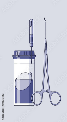Medical Instruments Illustrative Depiction: Surgical Tools and Specimen Vial Conceptualization