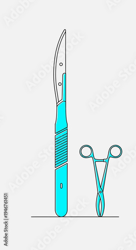 Medical Instruments Illustration Depicting Surgical Scalpel and Surgical Forceps Against a White