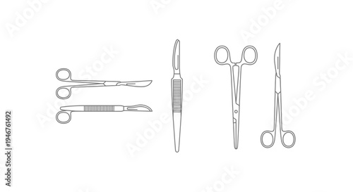 Medical Instruments in Outlines Depicting Surgical Tools on a White Background