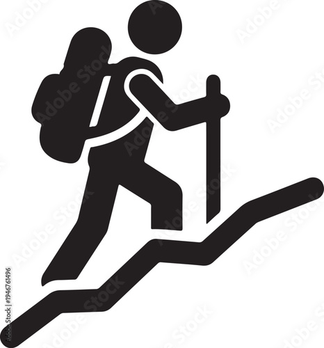 Vector hiking icon, black silhouette of a hiker with backpack and trekking poles