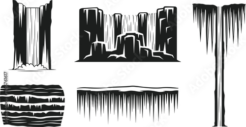 Waterfall vector illustration, CAD style black silhouette sketch, tiered and curtain flow designs, natural landscape art, flat water feature