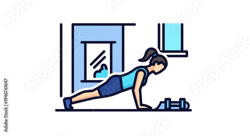 Woman performing a push-up exercise indoors with dumbbells nearby.