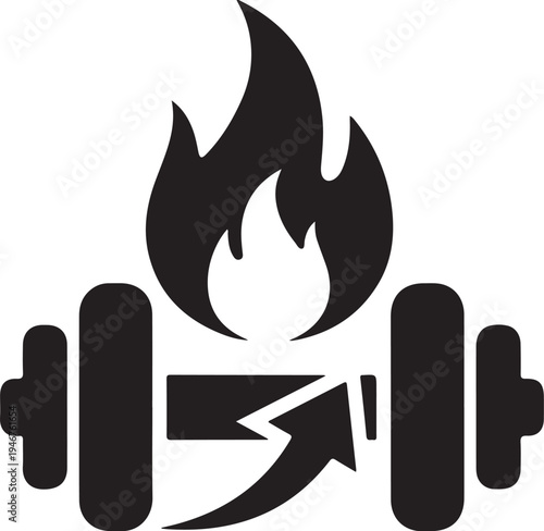 Black vector icon of dumbbell on fire