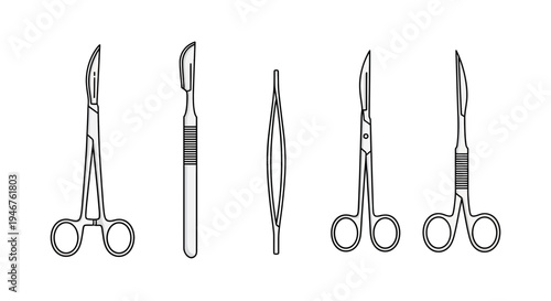 Medical Instruments: Surgical Tools in Clean Line Art Isolated on White Background