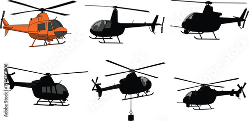 Vector illustration set of helicopters in color and silhouette, aviation transport, air rescue, and cargo lift aircraft collection