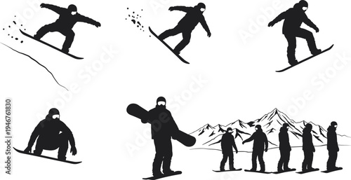Vector illustration set of snowboarding silhouettes showing snowboarders jumping, riding slopes, performing tricks, and standing on snowy mountain terrain