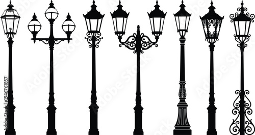 vintage, street, lamp, silhouette, lantern, collection, decorative, outdoor, lighting, pole, black, vector, icon, set, classic, ornamental, urban, design, illustration, isolated