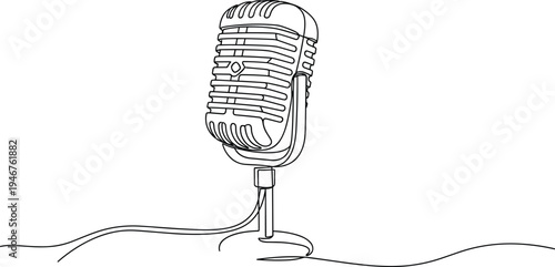 Vintage microphone, line drawing, black and white, retro style, broadcasting, podcast, music, vector, illustration, minimal, stylized, classic, radio, performance, stand, cable, grill