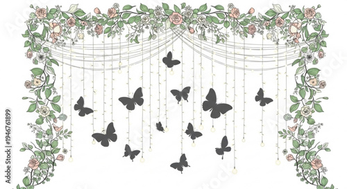 Butterfly garland with flowers and leaves decoration hanging black butterflies floral border design element