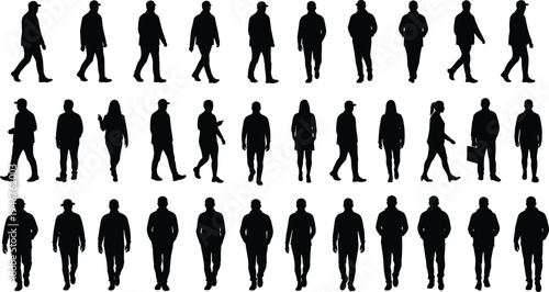 Walking people silhouettes collection – men and women in casual clothing, street style, walking poses, urban pedestrians vector set