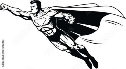 Superhero silhouette flying, comic book hero, dynamic action pose, muscular figure, cape flowing, strength power icon, heroic character, vector illustration design