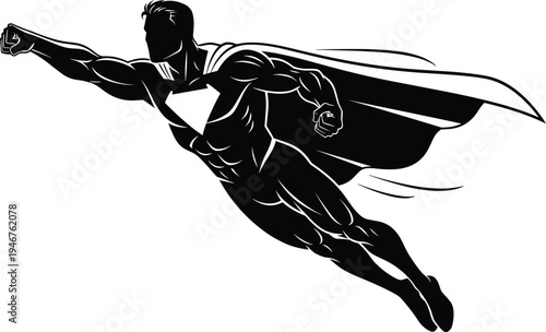 Superhero silhouette flying, comic book hero, dynamic action pose, muscular figure, cape flowing, strength symbol, heroic character, vector illustration design