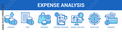 Expense Analysis web banner icon vector illustration concept with icons of expense, cost, spending, expense tracking, budget analysis, cash flow, and payment.