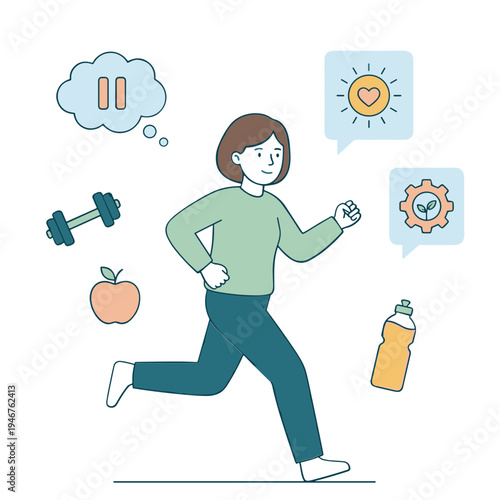 Woman runs happily outdoors with fitness symbols and healthy snacks nearby her.