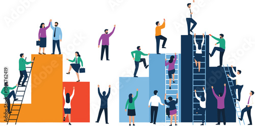 Teamwork climbing bar chart illustration, career growth concept, success achievement artwork, business progress design, helping hands vector template