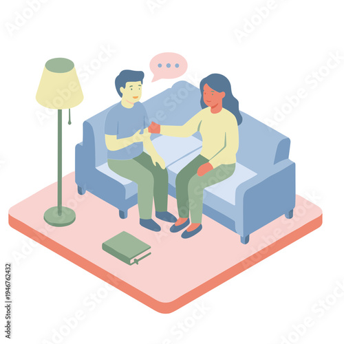 A man and woman sit on a couch in a living room chatting.