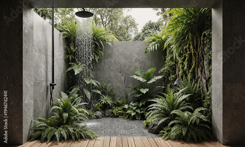 Rainforest shower oasis featuring a modern wet room bathroom filled with lush tropical greenery and ferns surrounding a luxury rain shower head
