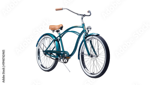 Valokuva Isolated teal vintage cruiser bicycle with brown leather seat and handlebars for