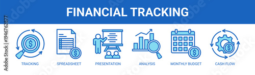Financial Tracking web banner icon vector illustration concept with icons of tracking, spreadsheet, presentation, analysis, monthly budget, and cash flow.