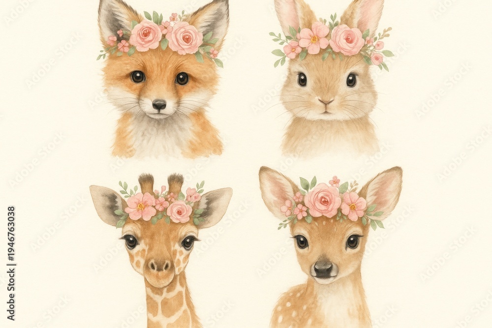 Fototapeta premium Adorable animals with floral crowns.