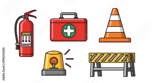 Emergency and Road Safety Equipment Vector Illustration Set