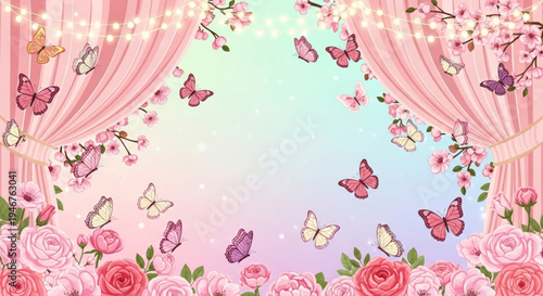 Whimsical butterflies and roses frame with pink curtains and soft lighting for birthday party decoration or wedding invitation background