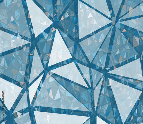 Glue triangle mosaic pattern with geometric glass effect. Polygonal mosaic background with sharp crystalline shapes. Cold winter ice texture for seasonal banners and corporate identity. 