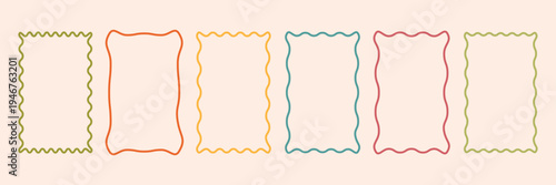 Cute wavy, groovy, colorful vector frames and borders for kids, Rectangle shapes with curvy squiggly doodle lines, fun text boxes. Zig zag wavy edge rectangle frame or border shapes set. EPS 10
