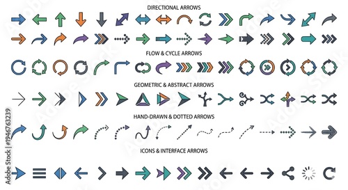 Abstract Arrow Set Showing Direction and Movement, Collection of Directional Arrows Icons Vector, Modern Arrow Symbols Set for Navigation and Design, Minimal Arrow Icons Pack for UI and Infographic