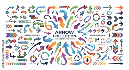 Abstract Arrow Set Showing Direction and Movement, Collection of Directional Arrows Icons Vector, Modern Arrow Symbols Set for Navigation and Design, Minimal Arrow Icons Pack for UI and Infographic