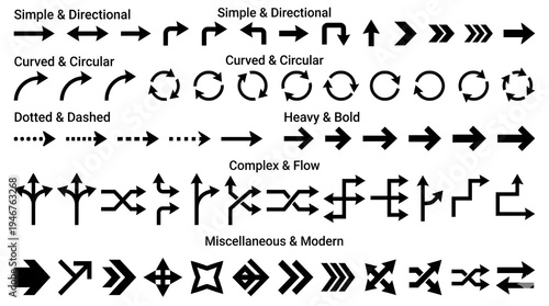 Abstract Arrow Set Showing Direction and Movement, Collection of Directional Arrows Icons Vector, Modern Arrow Symbols Set for Navigation and Design, Minimal Arrow Icons Pack for UI and Infographic