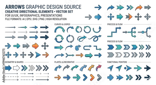 Abstract Arrow Set Showing Direction and Movement, Collection of Directional Arrows Icons Vector, Modern Arrow Symbols Set for Navigation and Design, Minimal Arrow Icons Pack for UI and Infographic