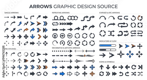 Abstract Arrow Set Showing Direction and Movement, Collection of Directional Arrows Icons Vector, Modern Arrow Symbols Set for Navigation and Design, Minimal Arrow Icons Pack for UI and Infographic