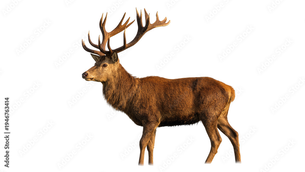 Fototapeta premium Isolated powerful red deer stag with large antlers, profile view of a majestic animal