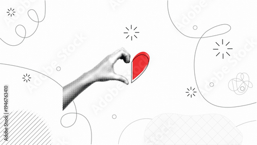 Retro Halftone Hands Forming Heart Shape with Red Love Symbol, Romantic Gesture Concept, Minimal Abstract Relationship Illustration