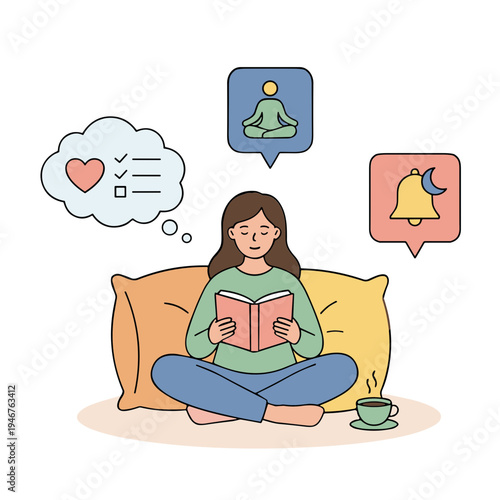 Woman sits on couch reading book with thoughts of meditation and notification