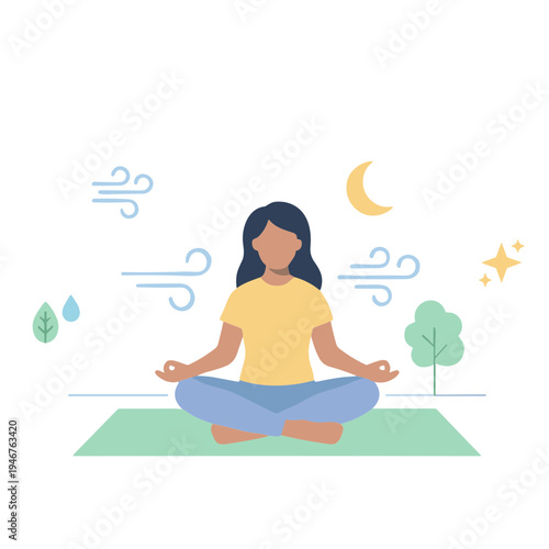 Woman meditates peacefully outdoors under a serene night sky with wind and rain.