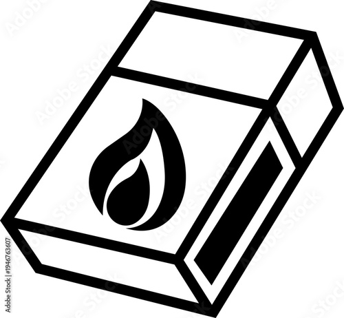 Matchstick box icon. Simple fire starter symbol, Wooden safety match stick illustration, Minimal vector symbol for fire, ignition, heat, danger, safety, camping, survival, energy and warning concept.