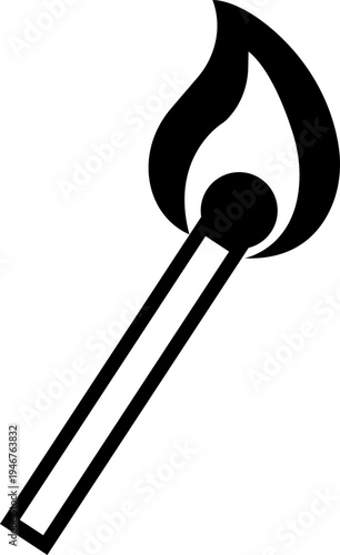 Matchstick icon. Simple fire starter symbol, Wooden safety match stick illustration, Minimal vector symbol for fire, ignition, heat, danger, safety, camping, survival, energy and warning concept.