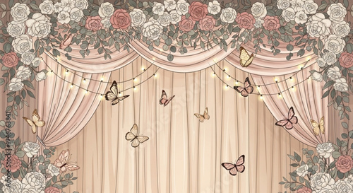 Whimsical floral curtain with butterflies and flowers elegant decorative background with pink and white drapes