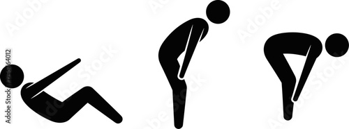 Back pain posture sequence icons showing person sitting standing bending with discomfort ergonomic injury concept minimal silhouette flat vector illustration