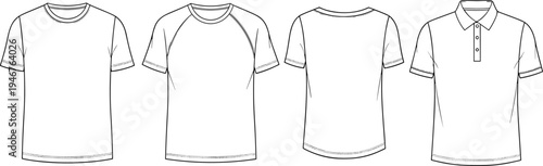 T-shirt and polo shirt technical sketch, front and back views, raglan sleeve, collar detail, cad drawing flat vector illustration