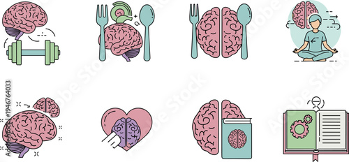 Brain Health Vector Illustration Showing Exercise Nutrition Mindfulness and Learning Concept