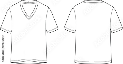 T-shirt technical sketch, V-neck front, round back, short sleeves, stitching detail, fashion CAD, cad drawing flat vector illustrationT-shirt technical sketch, V-neck front, round back, short sleeves