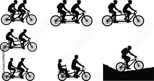 Tandem bicycle silhouette set, solo cyclist uphill, teamwork and effort, black and white vector, cad drawing flat vector illustration