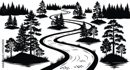 Winding river forest landscape silhouette isolated on white background, pine tree woodland scenery, nature wilderness stream vector illustration for design.