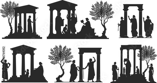 ancient, greek, philosophers, silhouettes, temple, philosophy, history, classical, culture, thinkers, discussion, education, mythology, scholars, heritage, vector, illustration, set, historical, scene