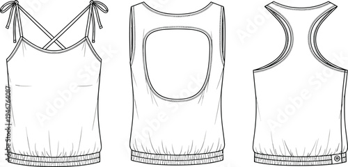 Tank top technical sketch, front back view, spaghetti strap, racerback, cutout detail, elastic hem, cad drawing flat vector illustration